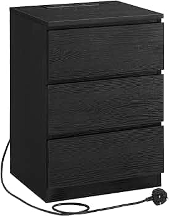 VASAGLE Bedside Table with Charging Station, Side End Table with 3 Drawers, 2 AC Outlets, 2 USB Ports, Bevelled Drawer Fronts, for Living Room, Bedroom, Study, Modern, Ebony Black LET631B57
