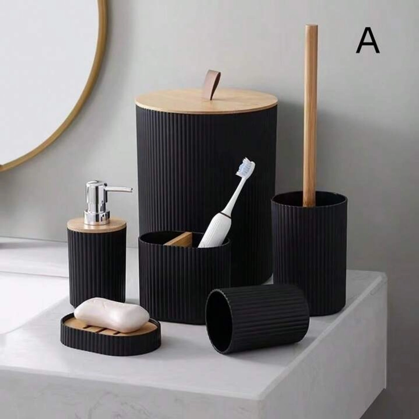 6pcs Luxury Bathroom Accessories Set, Home Use Bath Toilet Cleaning Tools, Toiletries, Liquid Soap Dispenser, Cup, Soap Dish, Toothbrush Holder