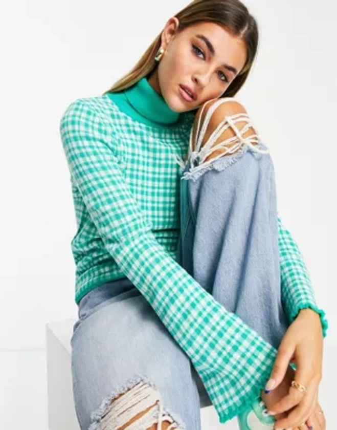 ASOS DESIGN roll neck jumper in gingham pattern in green