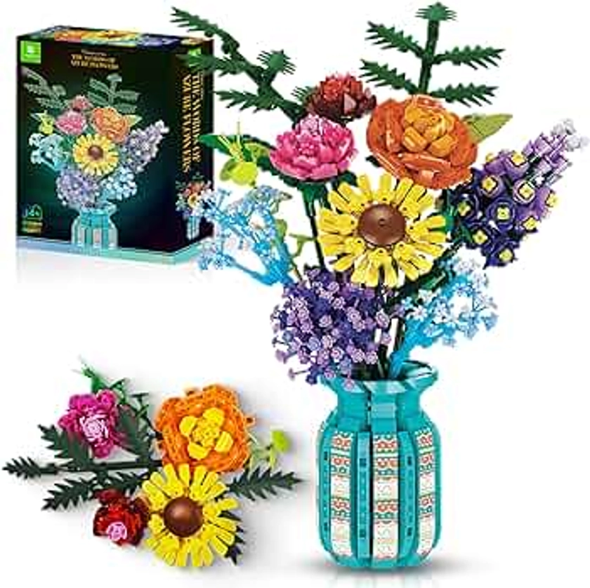 Flowers Bouquet Toys Building Blocks Set with Vase, Roses, Sunflower, Hyacinth, Hydrangea, for Adults, Teen Girls, Home, Office Decor- 1853pcs