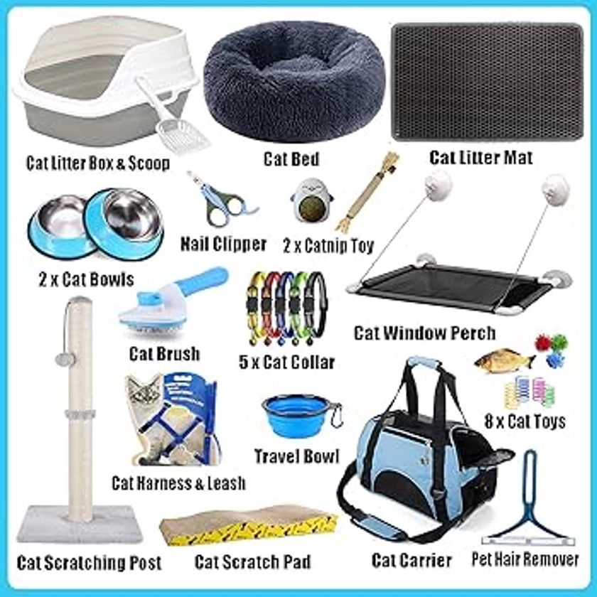 Lobeve Kitten Supplies Kit de démarrage 30 pièces comprenant une litière pour chat, des jouets, un lit, un transporteur, des bols, une brosse, etc. Cadeau de bienvenue idéal pour votre nouveau chat