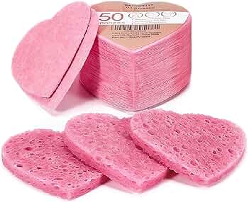 50-Count Heart Shape Compressed Facial Sponges for Daily Facial Cleansing and Exfoliating, 100％ Natural Cosmetic Spa Sponges for Makeup Remover