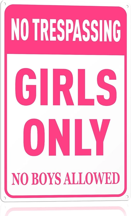 Girls Bedroom Sign - Funny No Trespassing Girls Only Metal Tin Sign Wall Decor Pink No Boys Allowed Bedroom Door, 8 x 12 inch