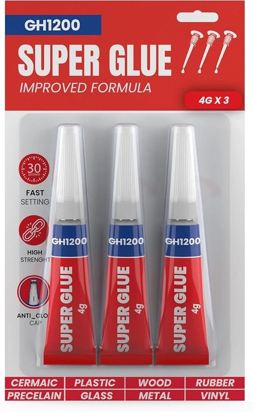 GH1200 4g x 3 Super Glue All Purpose with Anticlog Cap. Fast,Thick & Strong Adhesive Cyanoacrylate Glue, Superglue for Plastics, DIY Craft, Ceramics, Leather, Metal : Amazon.co.uk: DIY & Tools