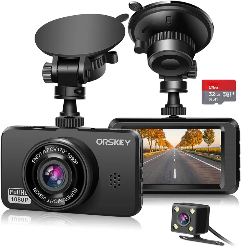 ORSKEY Dash Cam for Cars Front and Rear and SD Card Included 1080P Full HD in Car Camera Dual Lens Dashcam for Cars 170 Wide Angle Sony Sensor with Loop
