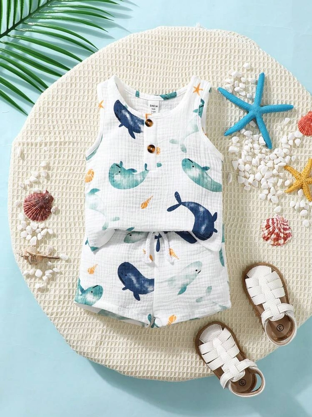 2pcs Baby Boys' Lovely Whale Printed Casual Short Sleeve Outfit