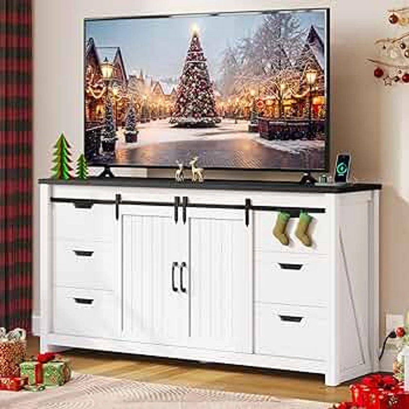 YITAHOME TV Stand for Living Room with Power Outlet & 6 Drawers, Farmhouse Entertainment Center for TVs up to 65 Inch, Rustic TV Cabinet Media Console with Storage and Sliding Barn Doors, White/Black