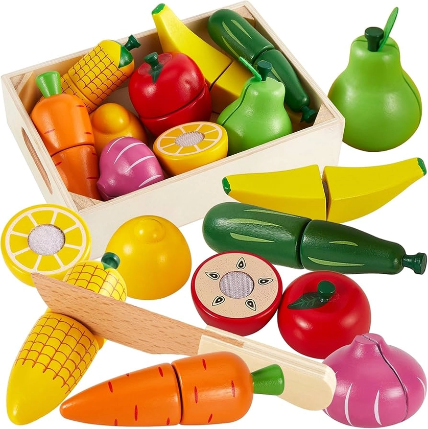 HERSITY Wooden Play Food Set Cutting Fruits and Veggies Toys for Toddlers 1-3, Pretend Play Kitchen Accessories Montessori Educational Toys for Kids Boys Girls 18 Months+