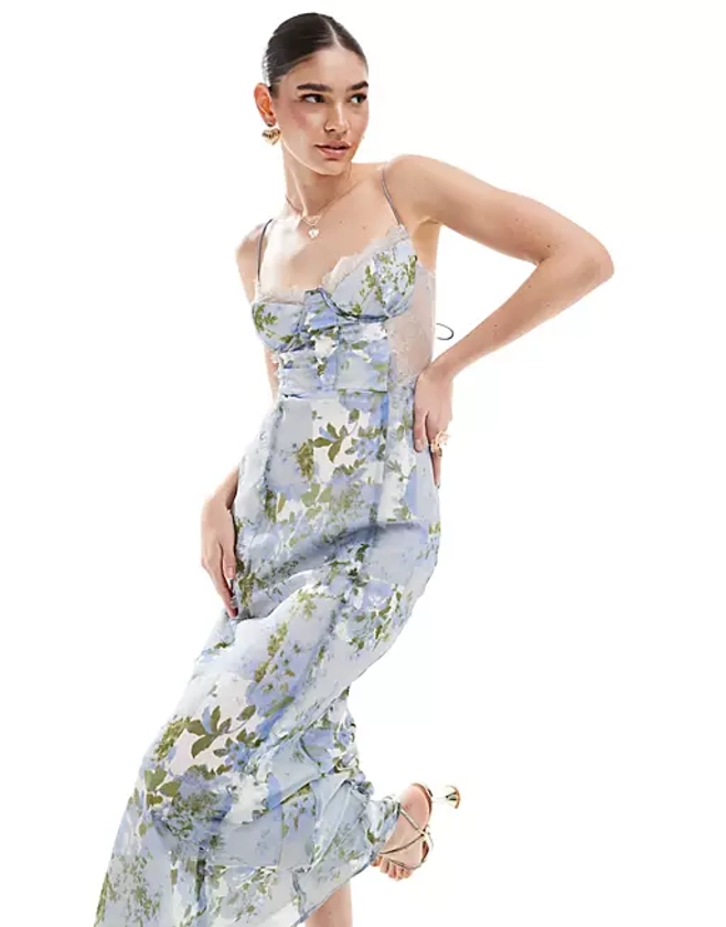 ASOS DESIGN corset bias midi dress with lace insert in vintage blue floral print | ASOS