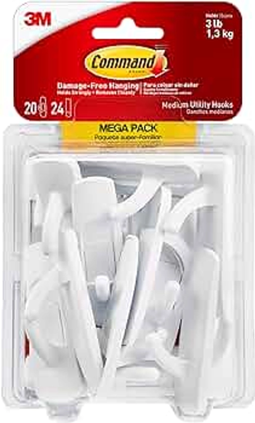 Command Medium Utility Hooks, Damage Free Hanging Wall Hooks with Adhesive Strips, No Tools Wall Hooks for Hanging Organizational Items in Living Spaces, 20 White Hooks and 24 Command Strips