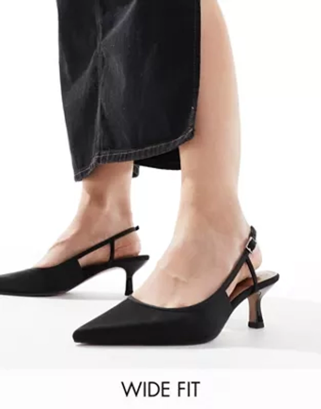ASOS DESIGN Wide Fit Strut slingback kitten heeled shoes in black | ASOS
