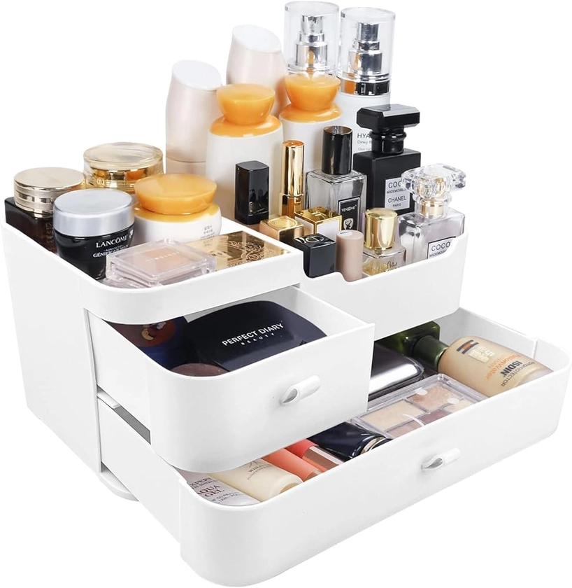 Relota Blanche Rangement Maquillage Organisateur, Coiffeuse Organiseur, Boîte à Skincare, Makeup Organizer, Présentoir Produits Cosmétiques pour Le Rangement des Beauté, avec Deux Tiroirs.