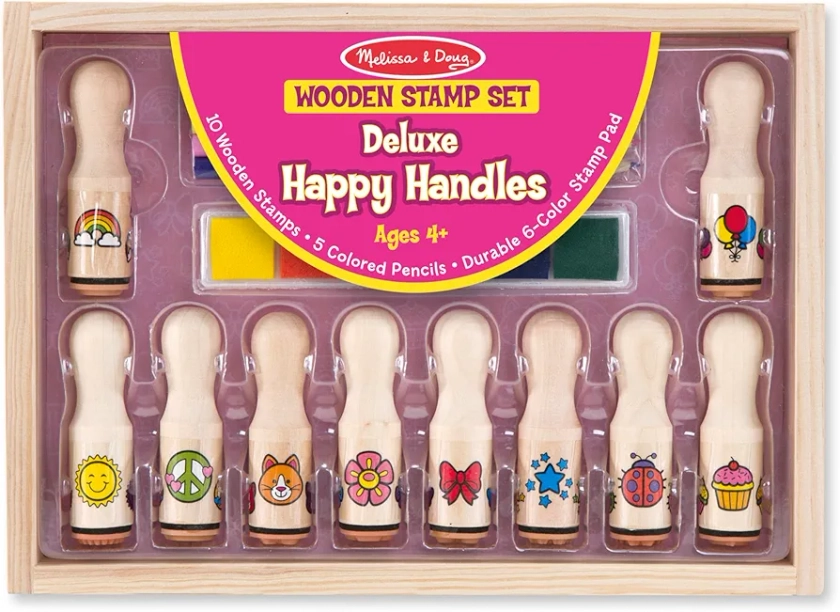 Melissa & Doug Deluxe Happy Handle Stamp Set With 10 Stamps, 5 Colored Pencils, and 6-Color Washable Ink Pad