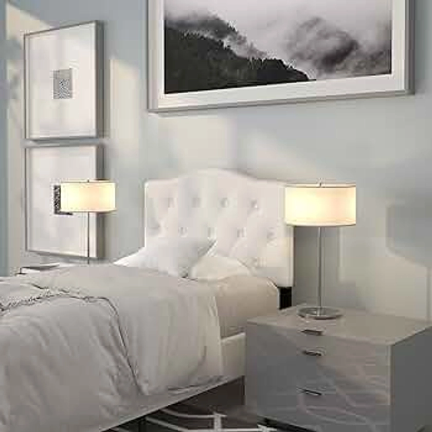 EMMA + OLIVER Tufted Upholstered Twin Size Headboard in White Fabric