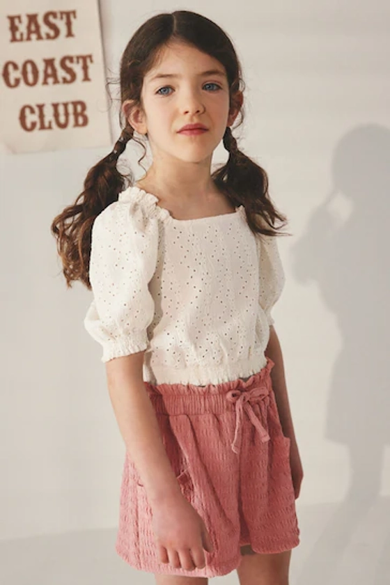 Ecru/Pink Broderie Top and Textured Shorts Set (3-16yrs)