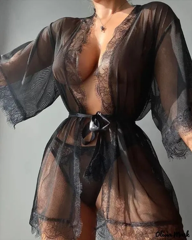 Olivia Mark - Eyelash Lace Sheer Mesh Dress with G-String