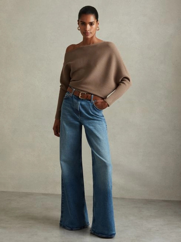 Asymmetric Draped Knitted Jumper in Mink - REISS