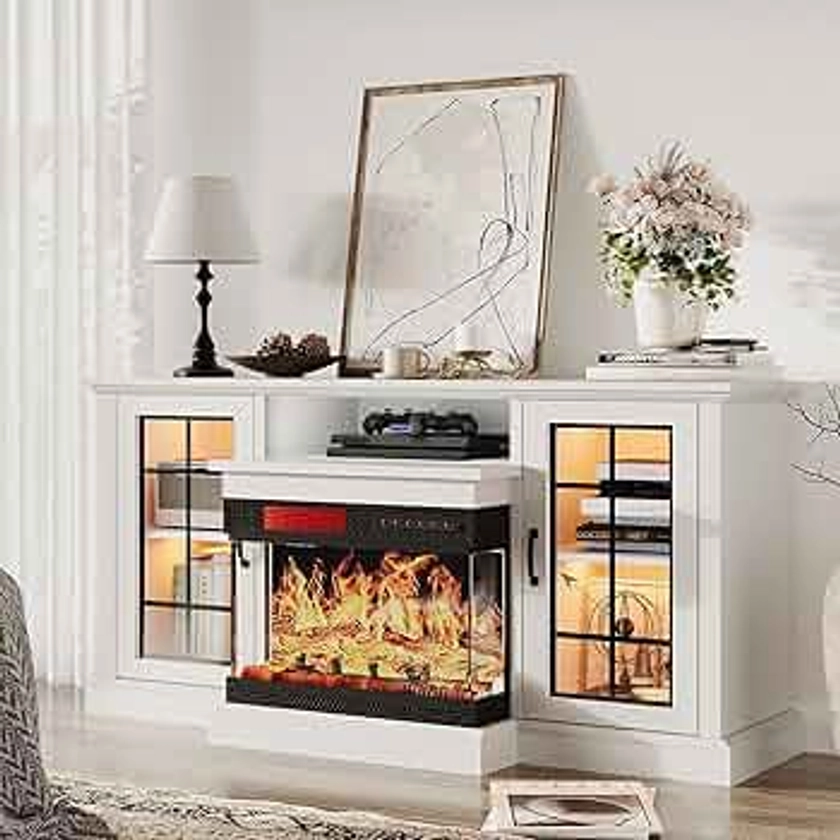 oneinmil 59'' Fireplace TV Stand, 3 Sided Glass Media Entertainment Center Console Table for TVs up to 65'' with Glass Door Closed Storage Adjustable Flame LED Color for Living Room, White