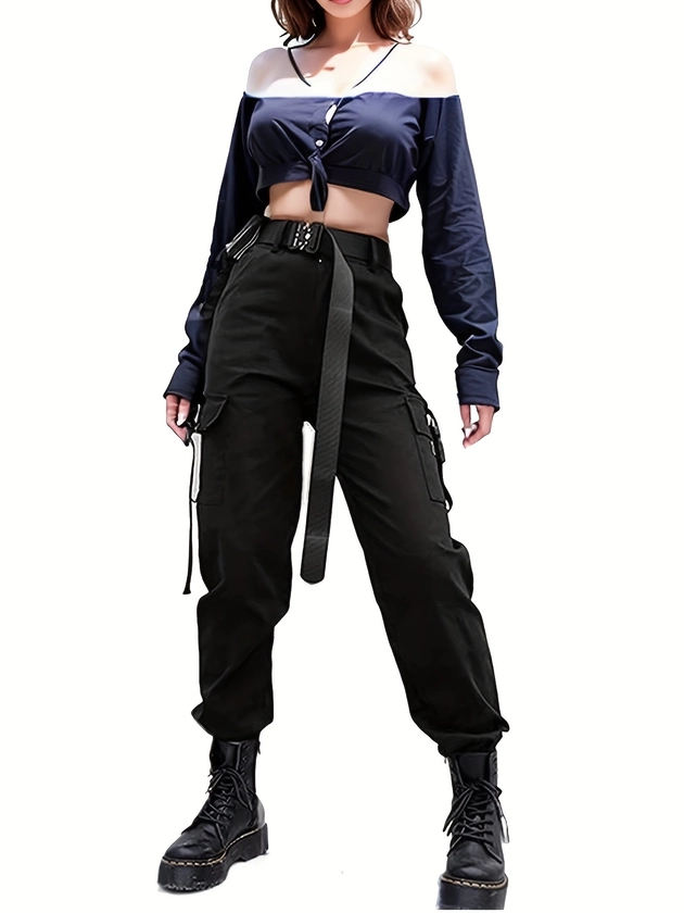 Y2K Solid Cargo Pants, Street Wear High Waist Pants With Pockets, Women&#39;s Clothing