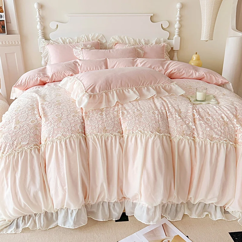 Korean Princess Bedding Set - Lace Ruffle Duvet Cover for Girls