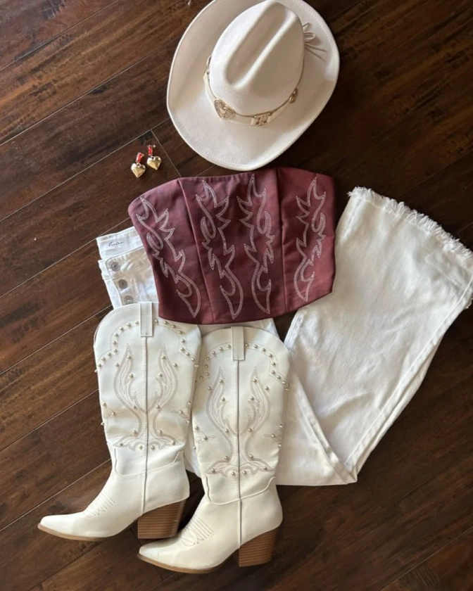 Dark Red Faux Leather Embroidered Western Cowboy Corset Top