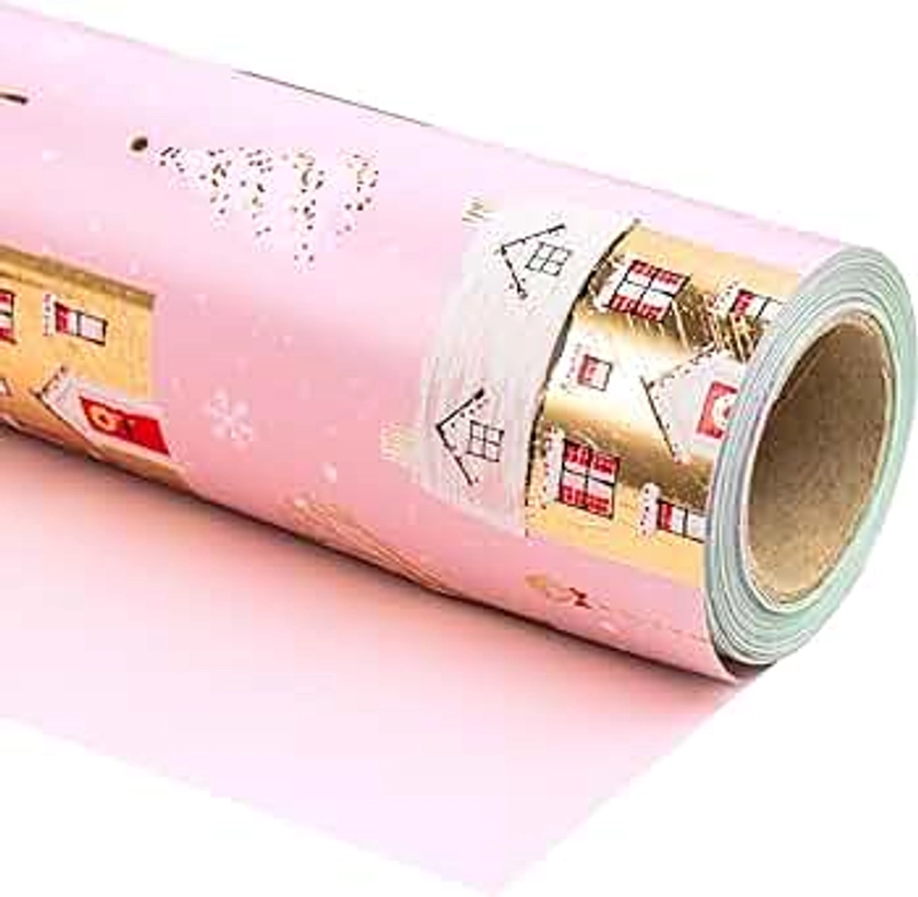 WRAPAHOLIC Reversible Christmas Wrapping Paper - Mini Roll - 17 Inch X 33 Feet - Pink House and Solid Pink Design with Metallic Foil Shine for Chrsitmas, Holiday, Party Celebration