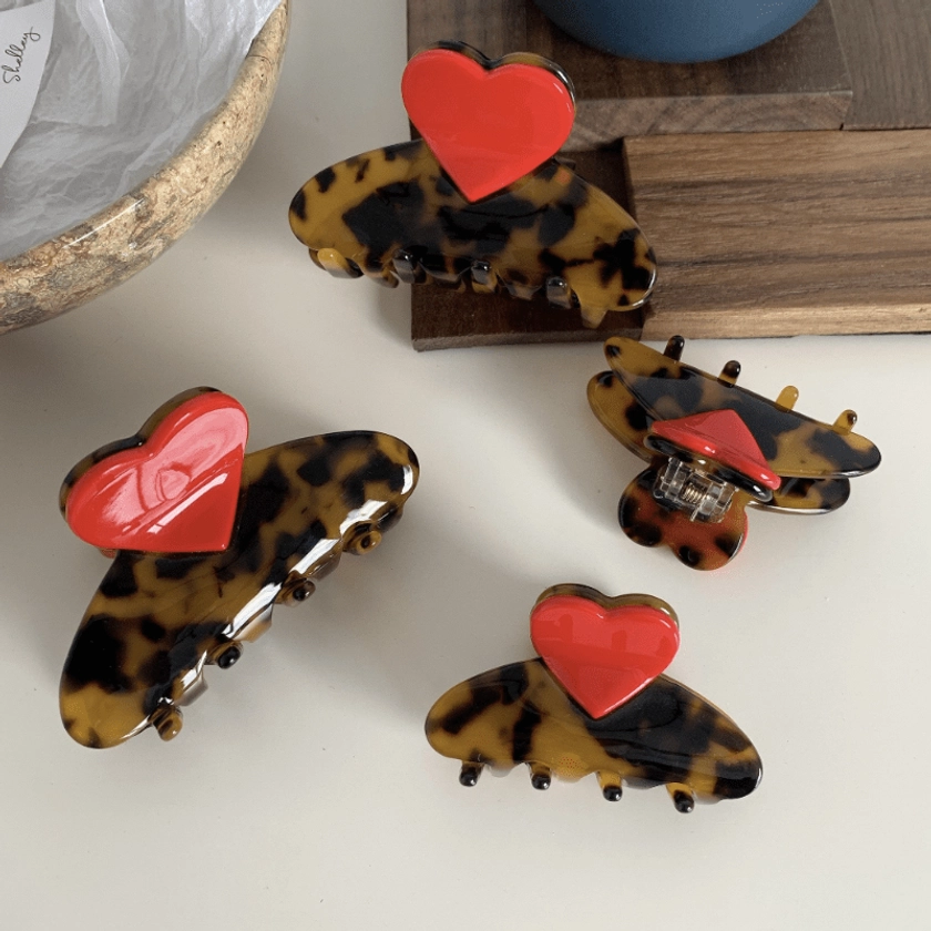 Chic Heart-Shaped Acetate Hair Claw - Cute & * Block Design, Perfect For Women And Girls 14+