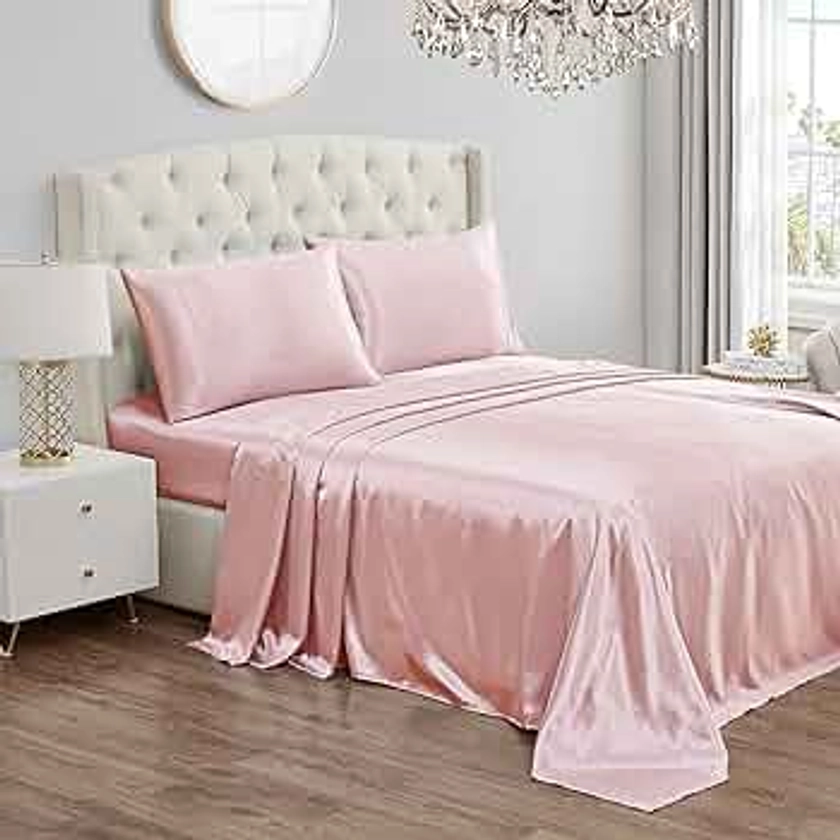 Juicy Couture Twin XL Size Satin Bed Sheet Set, Deep Pocket Silky Satin Twin XL Sheet Set with 1 Fitted Sheet, 1 Flat Sheet, 1 Pillow Case, Wrinkle Resistant and Anti Pilling - Pink