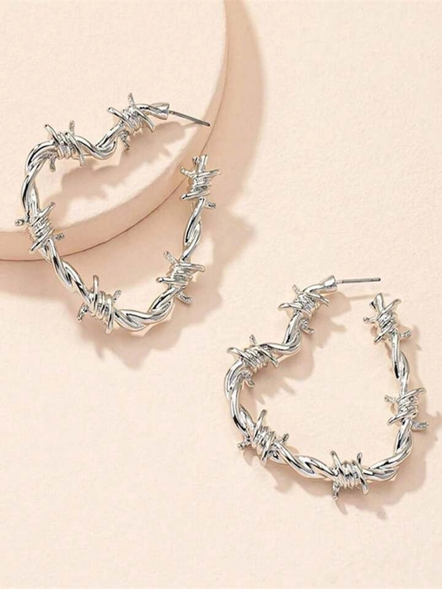 Y2K Barbed Wire Thorn Silvery ​Open Heart Design Hoop Earrings For Women Punk Vintage  ​Gothic Jewelry Accessories Gift