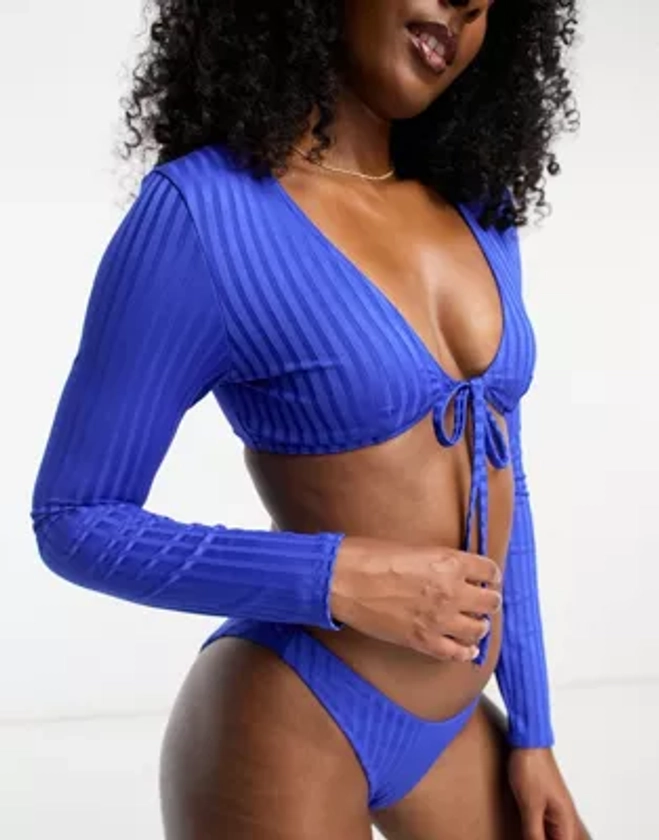 ASOS Design - Mix and Match - Haut de bikini côtelé à manches longues noué devant - Bleu de cobalt