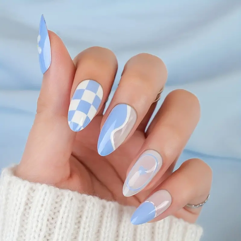 24pcs Glossy Short Almond * Nails - Blue White Checkerboard, 3D Heart And Daisy Flower With Design Press On Nails - Summer Fresh False Nails For Wo