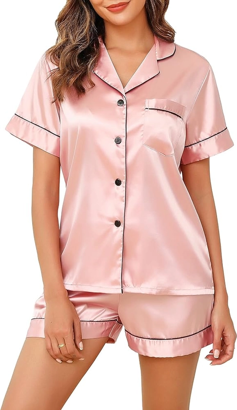 Vlazom Pyjamas for Women, Soft Satin Pjs Set Two Piece Silk Pyjamas for Ladies Button Down Sleepwear Loungewear 6-24 UK Size