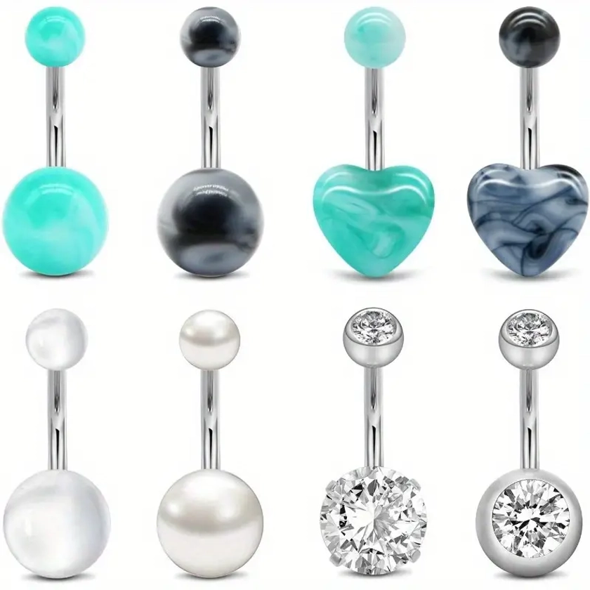 A Set Of 8 Stainless Steel Belly Button Rings Designed For Women, Heart Round Butterfly Charms, Perfect For Navel Piercings
