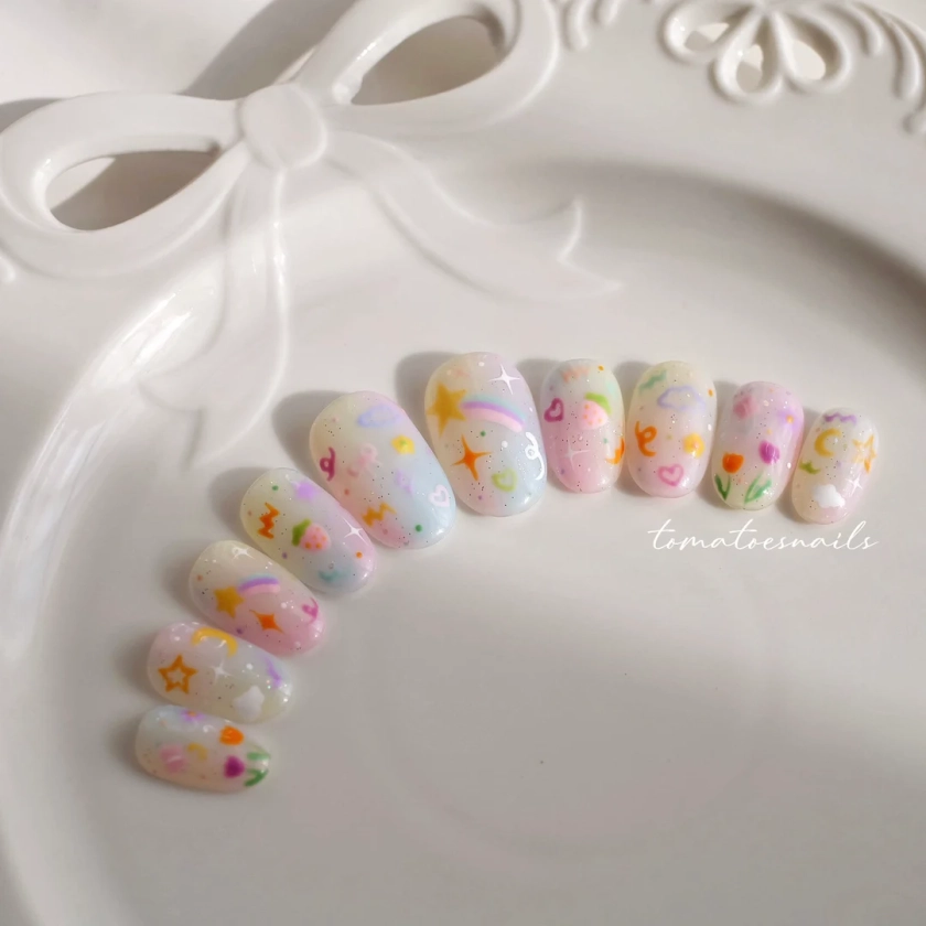 Stella Pastel Press On Nails , Hand Painted Nails , Cute Glitter Pastel Nails , Cute Spring and Summer Nails , Reusable Nails , 2023 Nails