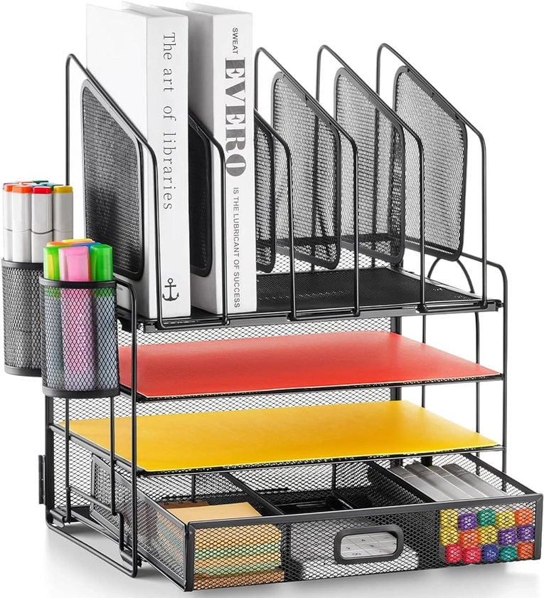 Amazon.com : Marbrasse Desk Organizer with Drawer, 4-Tier Mesh Desk File Organizer with 5 Vertical File Holders and 2 Pen Holders, Multifunction Desktop Organizer : Office Products