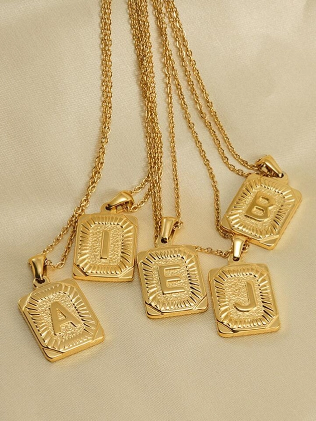 Gold Color Stainless Steel Square Initial Letter Necklaces