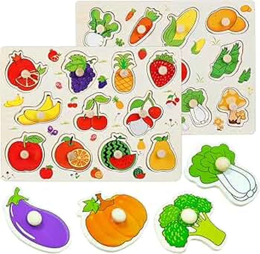 DAGORD Puzzle en Bois à Boutons Puzzle Enfant 1 2 3 Ans Puzzle Fruit et Légumes Bebe Jouet Montessori Puzzle en Bois Bébé Jouets d'Éveil Jeuets Educatifs Cadeau pour Garçons Filles Noel Anniversaire