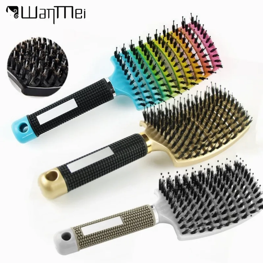 Curved Vented Boar Bristle Hair Brush Professional Scalp Massage Comb Detangling Hairbrush for Salon Hairdressing Styling Tool