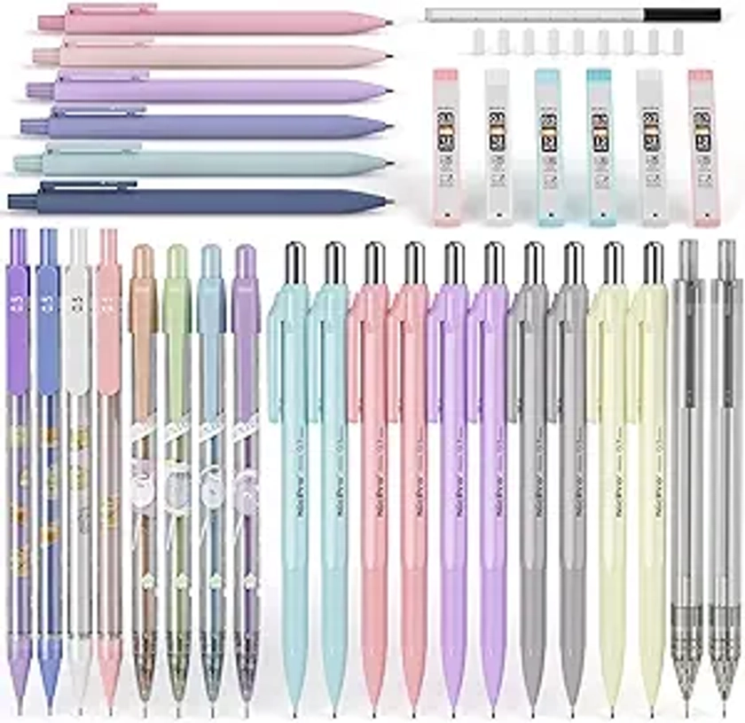 26 PCS Pastel Mechanical Pencil 0.5 mm & 0.7 mm with Bag for School with 6 Tubes HB Lead Refills, 18 Pcs Eraser Refills For Student Writing, Drawing, Sketching