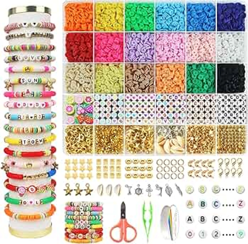 Hbnlai 5300 Pcs Clay Beads Bracelet Making Kit, Flat Preppy Beads for Friendship Jewelry Making, Polymer Heishi Beads with Charms Gifts for Teen Girls Crafts for Girls Ages 8-12