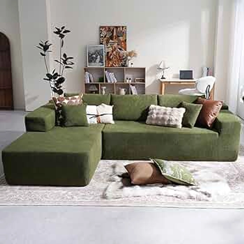 104" Cloud Sectional Couch with Comfy Chaise, Boneless L Shape Sofa with Deep Seat, Minimalist Modular Couches Sleeper for Living Room Bedroom Apartment Lounge,Green