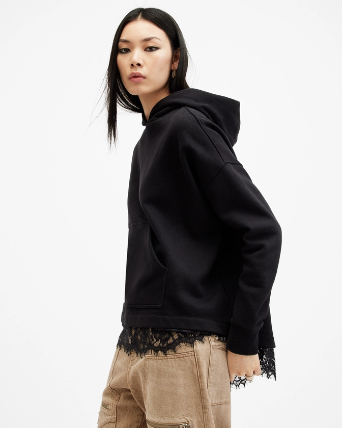 Lee Lace Panelled Hoodie Black | ALLSAINTS