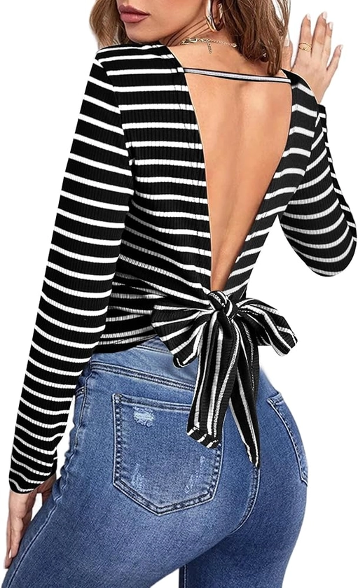 LilyCoco Womens Backless Long Sleeve Top Boat Neck Sexy Tie Back Shirt Solid Tee