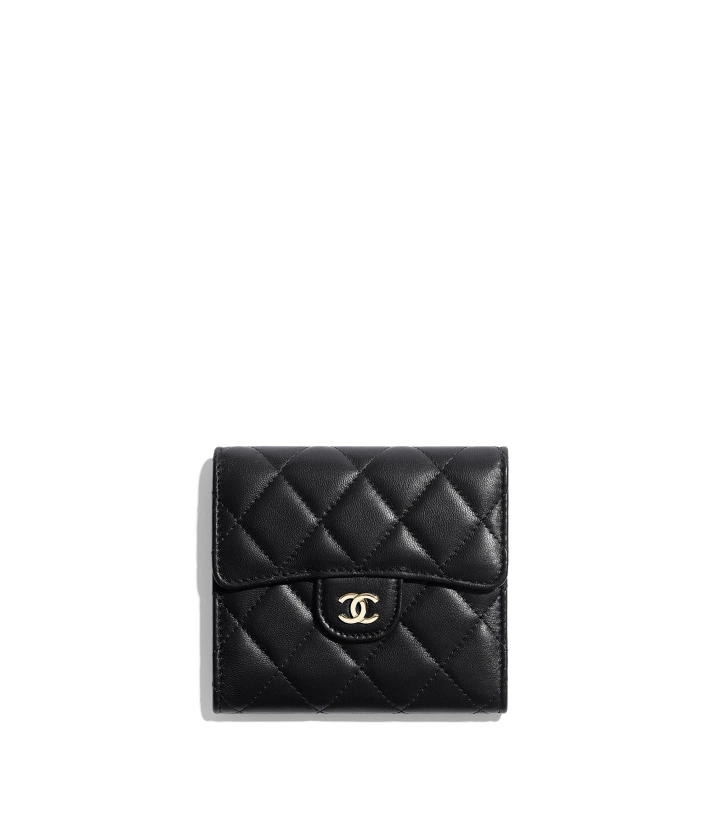 Petit portefeuille à rabat classique - Agneau, émail & métal doré, noir — Mode | CHANEL