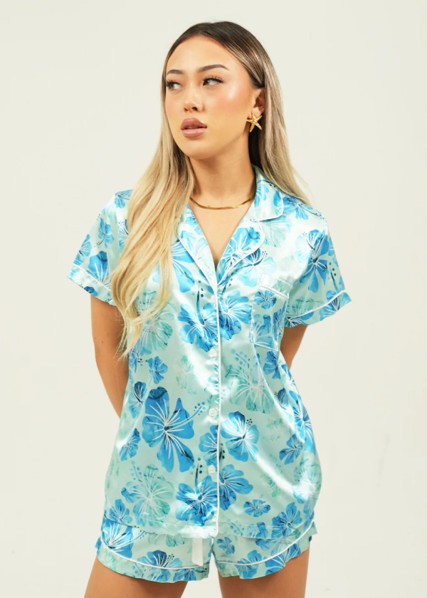 Aqua Hibiscus Short Satin Pajama Set