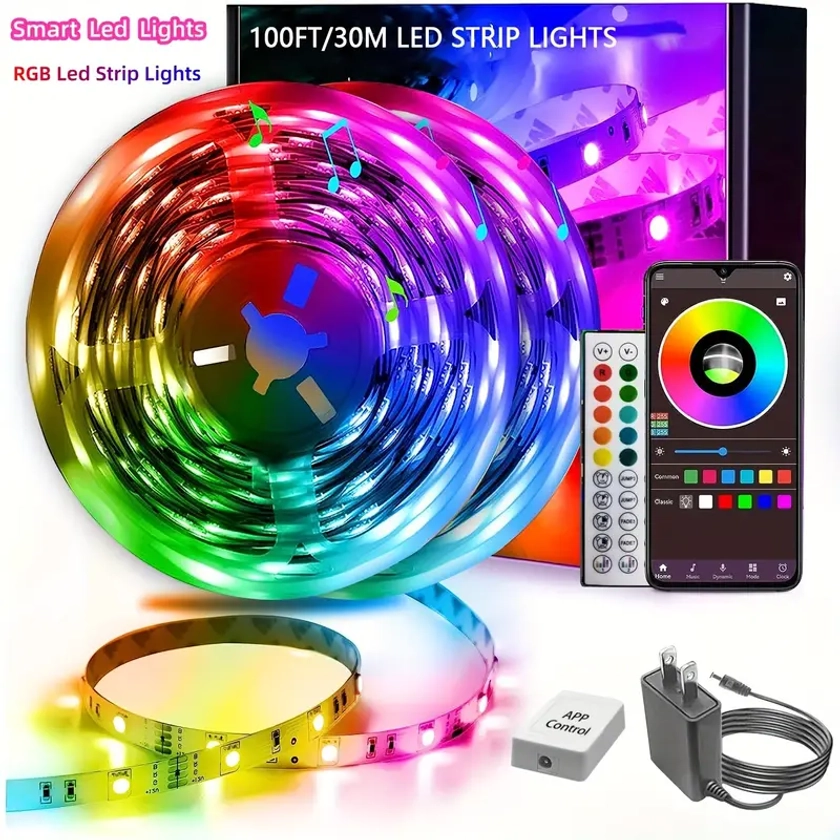 100ft (2 Rolls Of 50ft) LED Strip Lights For Bedroom, Smart Rope Strip Lights With 44-Key Remote, RGB Color Changing Music Sync LED Strip Lights, App