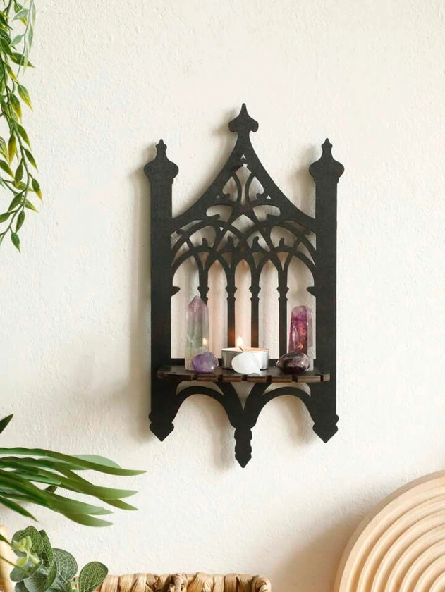 1Pc Halloween Gothic Cathedral Crystal Display Shelf - Spooky Wooden Wall Shelf | Handcrafted Crystal Holder | Gothic Home Decor | Halloween Party Decoration | Witchy And Bohemian Crystal Display Stand