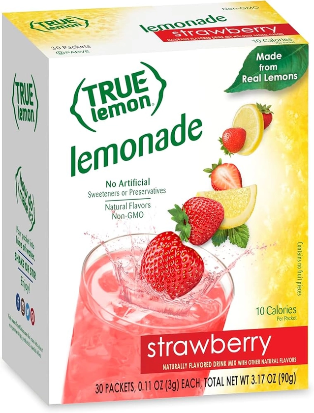 Amazon.com : True Lemon Strawberry Lemonade Water Enhancer Drink Mix (30 Count), Low Calorie Drink Mix Packets for Water, Powdered Drink Mixes & Flavorings, Individual Drink Packets, Water Flavor Packets with Stevia : Grocery & Gourmet Food