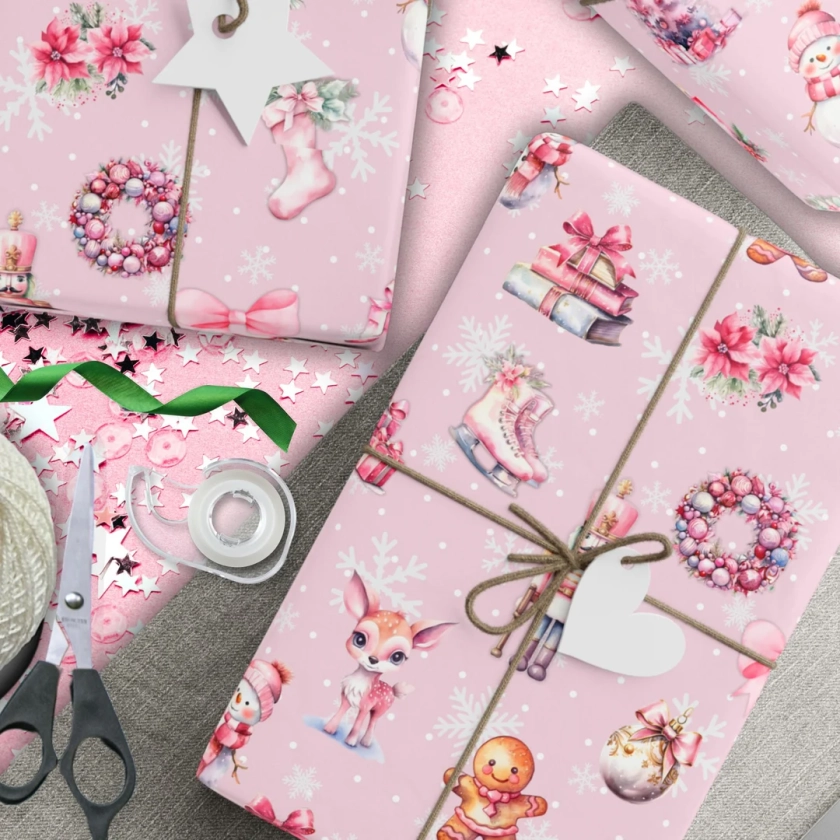 Festive Pastel Pink Gift Wrap Paper - Adorable Christmas Wrapping Paper