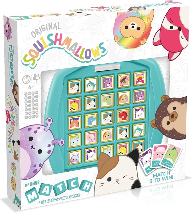 Top Trumps Match Squishmallows Board Game, match 5 Lola the Unicorn, Daxxon the Alien or Cam the Cat in a row to win, perfect for travel, gift for ages 4 plus